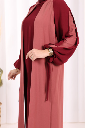 Two-Color Piece Detail Balloon-Look Dress 3799 Dried Rose - 6