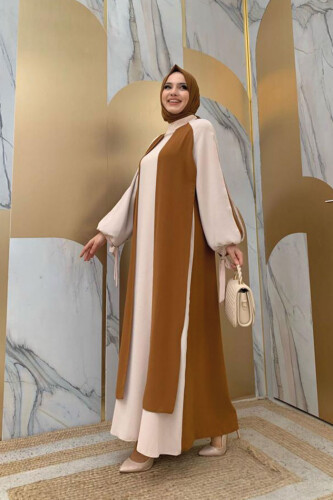 Two-Color Piece Detail Balloon-Look Dress 3799 Taba - 6