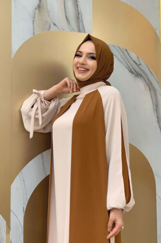 Two-Color Piece Detail Balloon-Look Dress 3799 Taba - 8