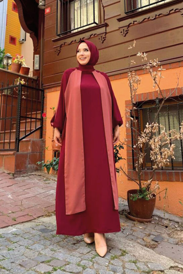 İki Renkli Parça Detay Balonkol Görünümlü Elbise 3799 Gül Kurusu - 5