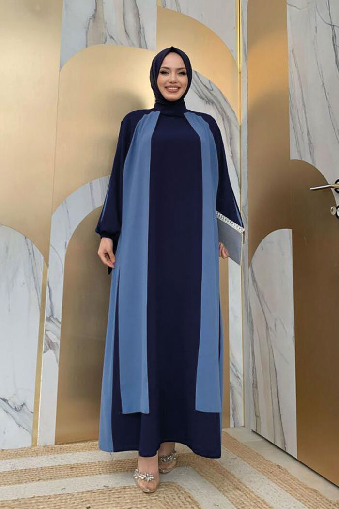 İki Renkli Parça Detay Balonkol Görünümlü Elbise 3799 İndigo - 5