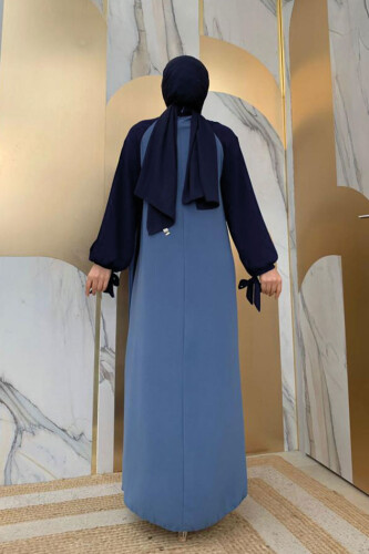 İki Renkli Parça Detay Balonkol Görünümlü Elbise 3799 İndigo - 7