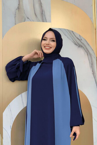 İki Renkli Parça Detay Balonkol Görünümlü Elbise 3799 İndigo - 8