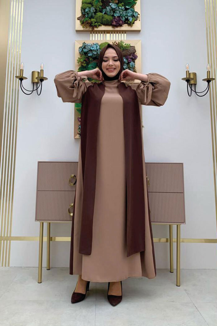 İki Renkli Parça Detay Balonkol Görünümlü Elbise 3799 Kahverengi - 5