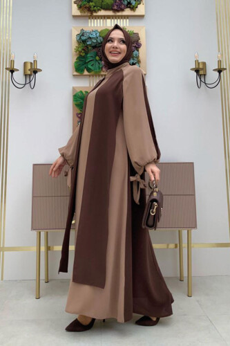 İki Renkli Parça Detay Balonkol Görünümlü Elbise 3799 Kahverengi - 6