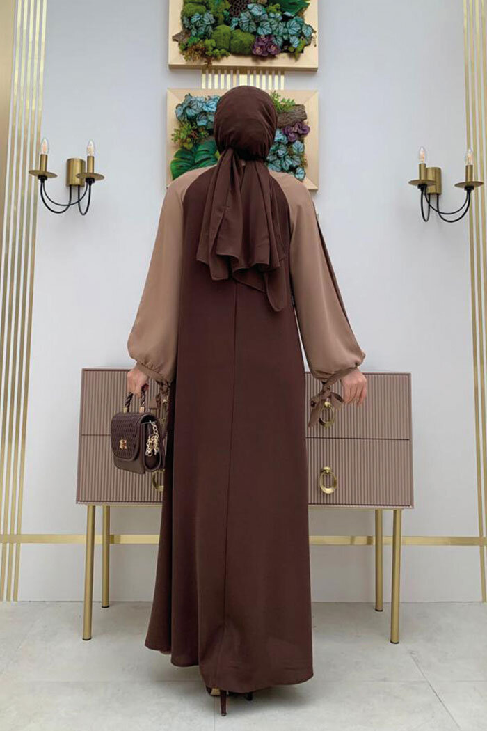 İki Renkli Parça Detay Balonkol Görünümlü Elbise 3799 Kahverengi - 7