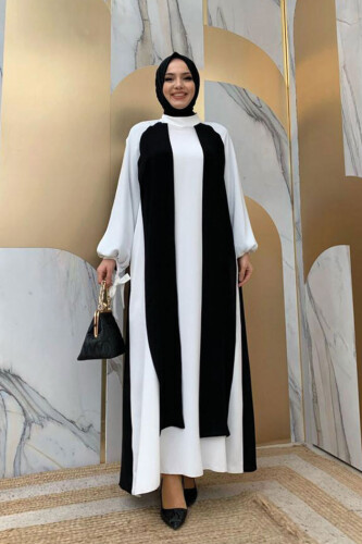 İki Renkli Parça Detay Balonkol Görünümlü Elbise 3799 Siyah - 5