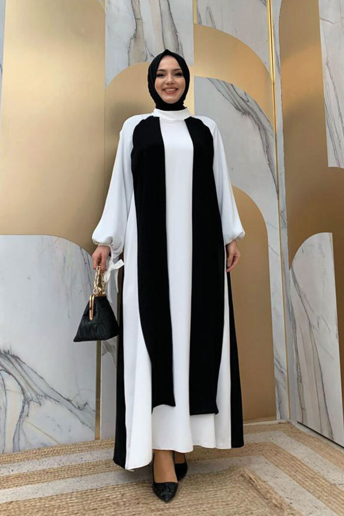 İki Renkli Parça Detay Balonkol Görünümlü Elbise 3799 Siyah - 5