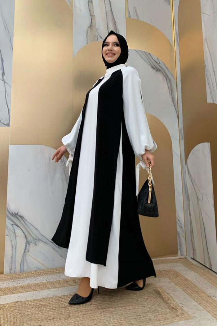 İki Renkli Parça Detay Balonkol Görünümlü Elbise 3799 Siyah - 6