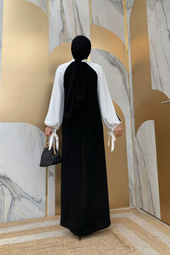 İki Renkli Parça Detay Balonkol Görünümlü Elbise 3799 Siyah - 7