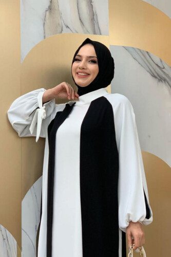 İki Renkli Parça Detay Balonkol Görünümlü Elbise 3799 Siyah - 8