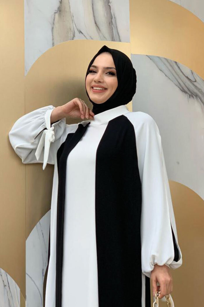 İki Renkli Parça Detay Balonkol Görünümlü Elbise 3799 Siyah - 8