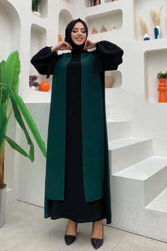 İki Renkli Parça Detay Balonkol Görünümlü Elbise 3799 Zümrüt - 5