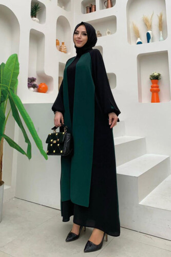 İki Renkli Parça Detay Balonkol Görünümlü Elbise 3799 Zümrüt - 6