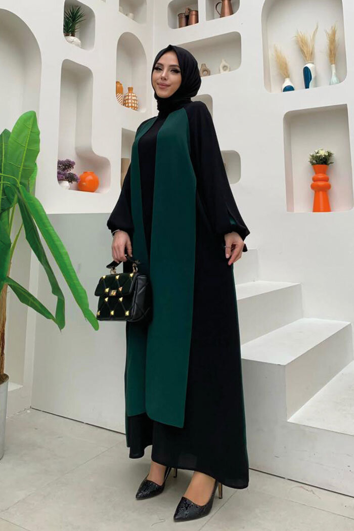 İki Renkli Parça Detay Balonkol Görünümlü Elbise 3799 Zümrüt - 6