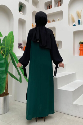 İki Renkli Parça Detay Balonkol Görünümlü Elbise 3799 Zümrüt - 7