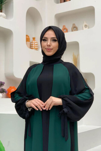 İki Renkli Parça Detay Balonkol Görünümlü Elbise 3799 Zümrüt - 8