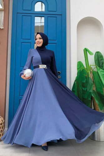 İki Renkli Şifon Bel Kemer Aksesuarlı Büyük Beden Abiye Elbise 3806-1 Lacivert - Bym Fashion