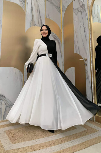 İki Renkli Şifon Bel Kemer Aksesuarlı Büyük Beden Abiye Elbise 3806-1 Siyah - Bym Fashion