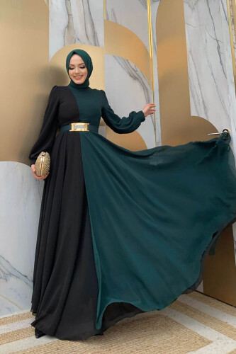 İki Renkli Şifon Bel Kemer Aksesuarlı Büyük Beden Abiye Elbise 3806-1 Zümrüt - Bym Fashion