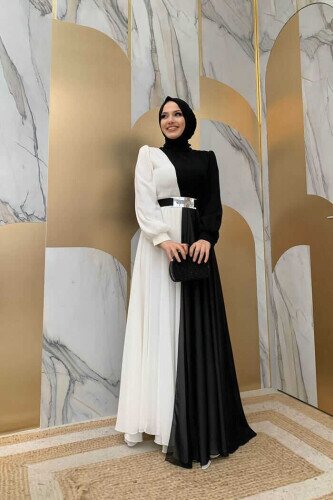 Zweifarbiges Chiffon-Taillengürtel-Accessoire für Abendkleid 3806 Schwarz - 3