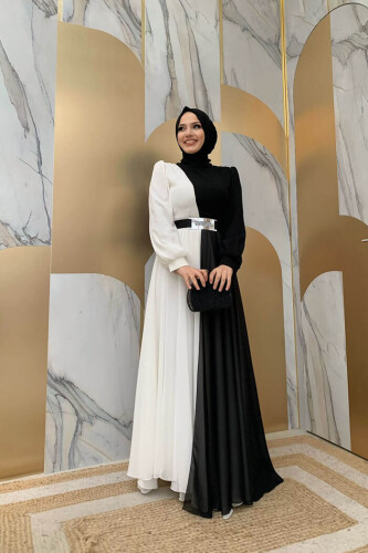 Two Color Chiffon Waist Belt Accessory Evening Dress 3806 Black - 7