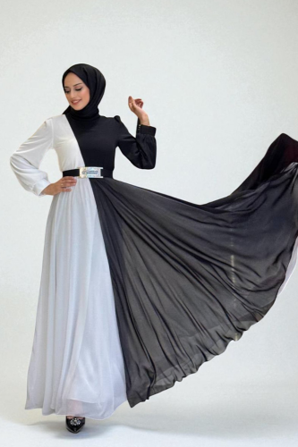 Двухцветное шифоновое вечернее платье с поясным ремнем 3806 Black 