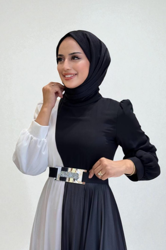 Двухцветное шифоновое вечернее платье с поясным ремнем 3806 Black - 3