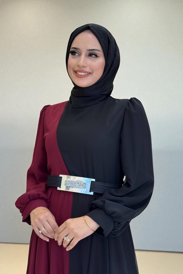 فستان سهرة مزود بحزام خصر شيفون بلونين 3806 أحمر كلاريت - 3