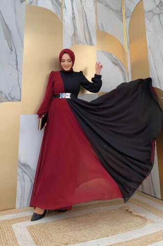 Zweifarbiges Chiffon-Taillengürtel-Accessoire für Abendkleid 3806 Weinrot 