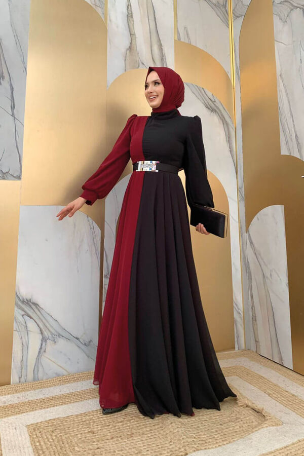 Two Color Chiffon Waist Belt Accessory Evening Dress 3806 Claret Red - 6