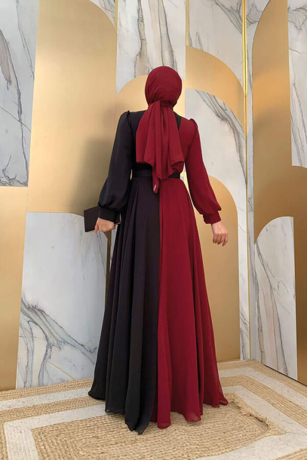Two Color Chiffon Waist Belt Accessory Evening Dress 3806 Claret Red - 7