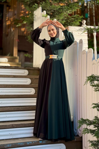 Two Color Chiffon Waist Belt Accessory Evening Dress 3806 Emerald 