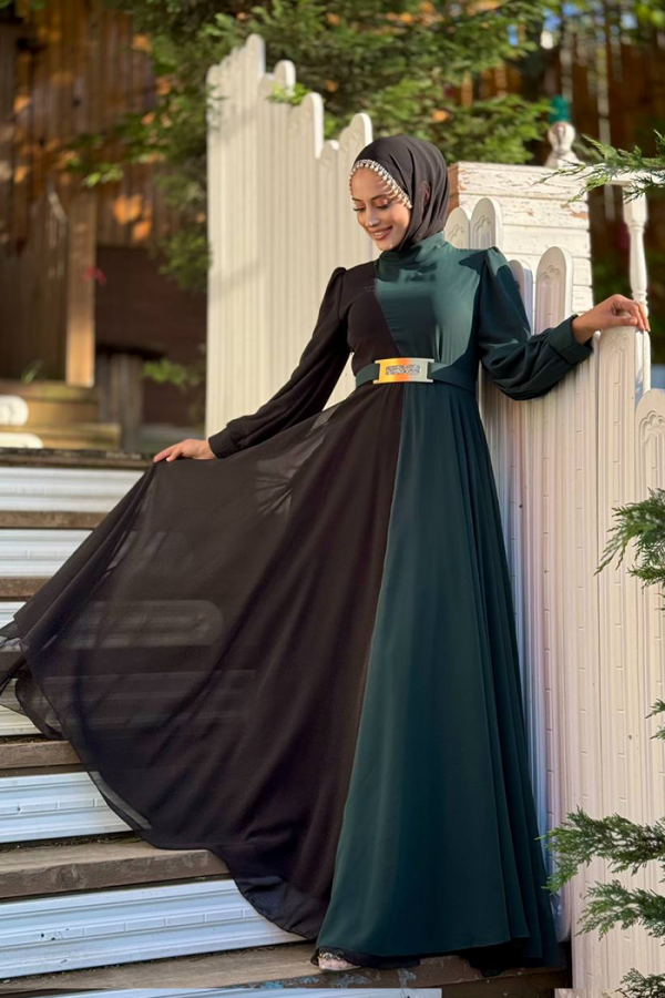 Two Color Chiffon Waist Belt Accessory Evening Dress 3806 Emerald - 2