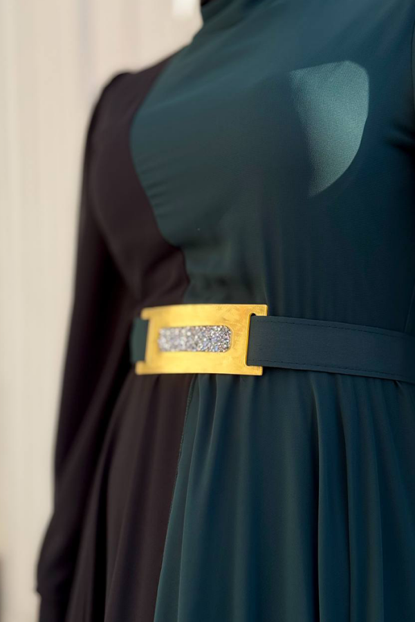 Two Color Chiffon Waist Belt Accessory Evening Dress 3806 Emerald - 3