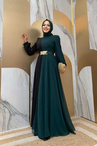 Two Color Chiffon Waist Belt Accessory Evening Dress 3806 Emerald - 2