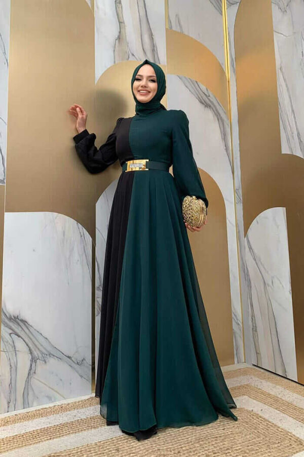 Two Color Chiffon Waist Belt Accessory Evening Dress 3806 Emerald - 2