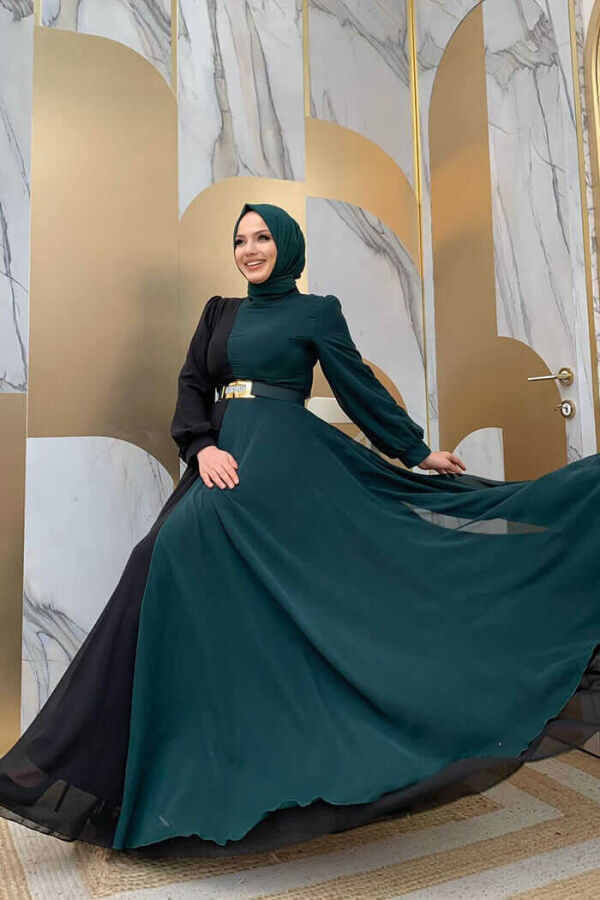 Two Color Chiffon Waist Belt Accessory Evening Dress 3806 Emerald - 4