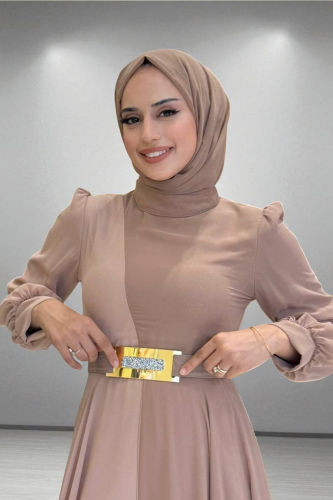 فستان سهرة مزود بحزام خصر شيفون بلونين 3806 مينك - 1