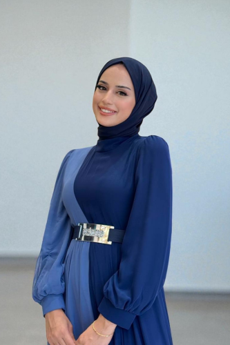 فستان سهرة بحزام خصر شيفون بلونين 3806 كحلي - 2