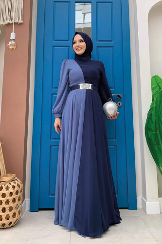 Two Color Chiffon Waist Belt Accessory Evening Dress 3806 Navy Blue - 6