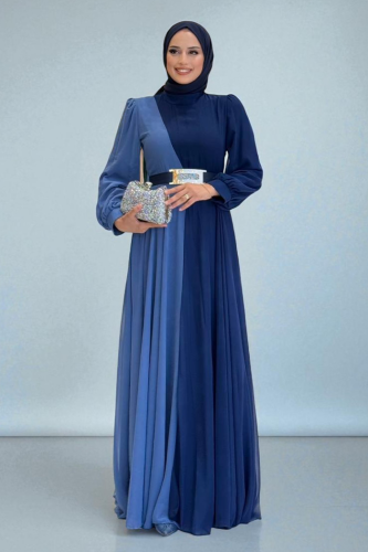 Two Color Chiffon Waist Belt Accessory Evening Dress 3806 Navy Blue - 1