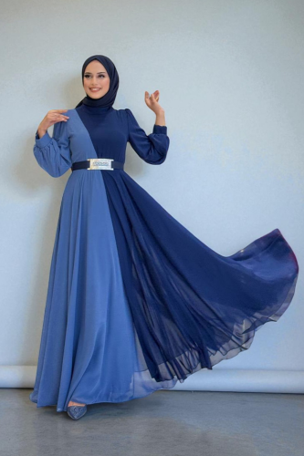 Two Color Chiffon Waist Belt Accessory Evening Dress 3806 Navy Blue 