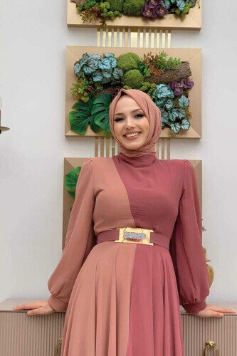 فستان سهرة بحزام خصر شيفون بلونين 3806 وردي مجففة - 4