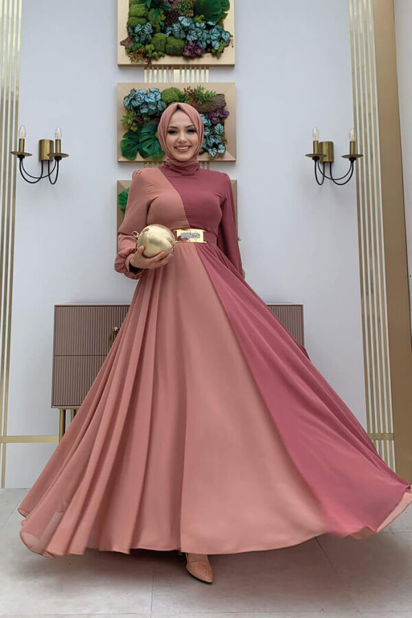 Two Color Chiffon Waist Belt Accessory Evening Dress 3806 Dried Rose - 5