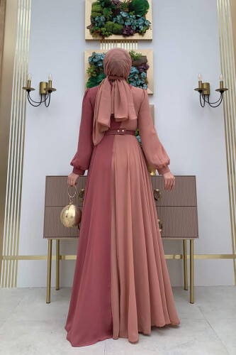 Two Color Chiffon Waist Belt Accessory Evening Dress 3806 Dried Rose - 7
