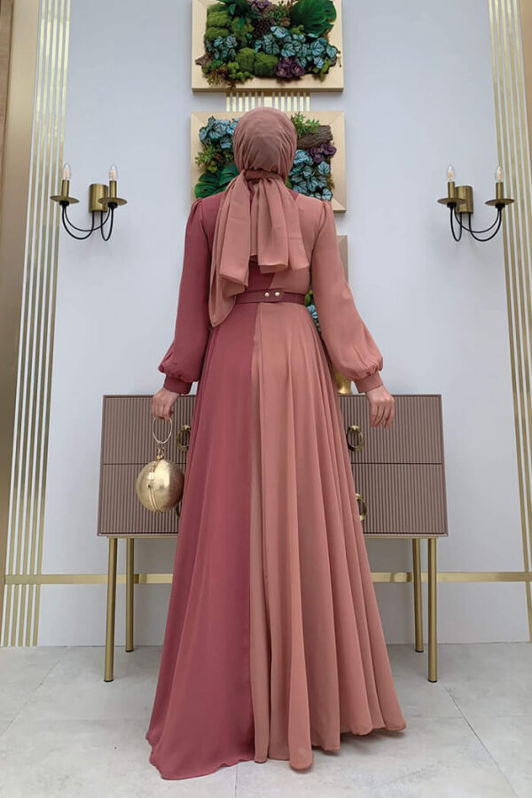 Two Color Chiffon Waist Belt Accessory Evening Dress 3806 Dried Rose - 7
