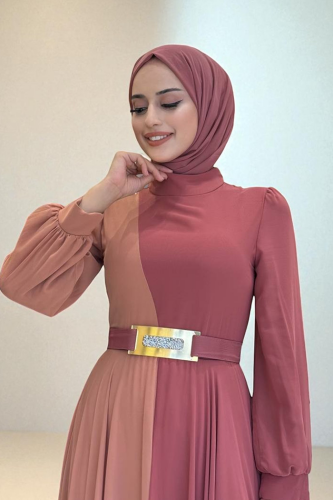 Two Color Chiffon Waist Belt Accessory Evening Dress 3806 Dried Rose - 3