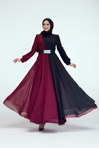 İki Renkli Şifon Bel Kemer Aksesuarlı Abiye Elbise 3806 Bordo - 1