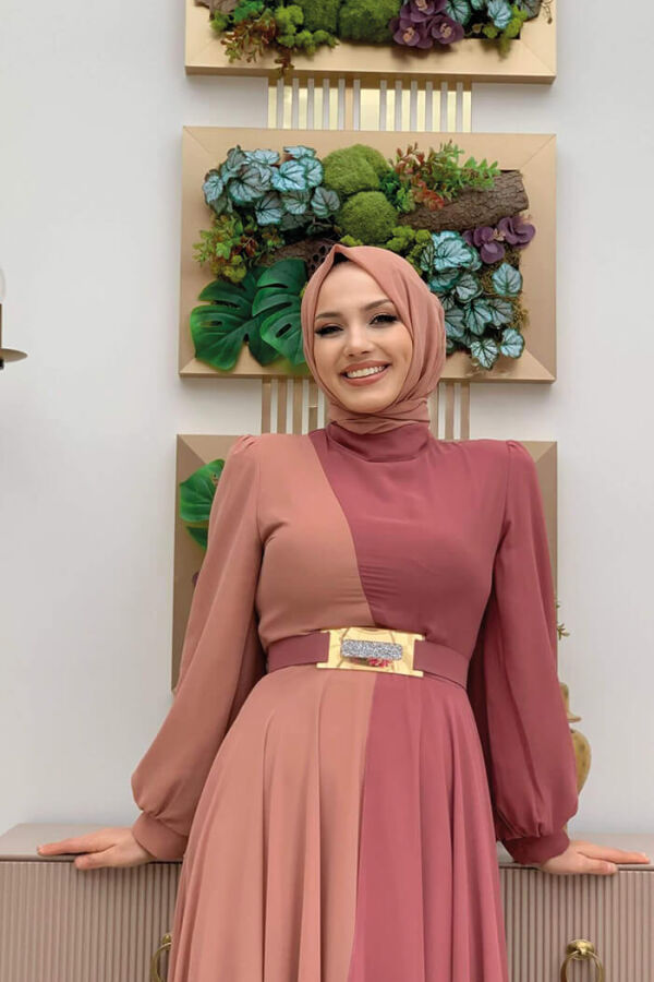 İki Renkli Şifon Bel Kemer Aksesuarlı Abiye Elbise 3806 Gül Kurusu - 8